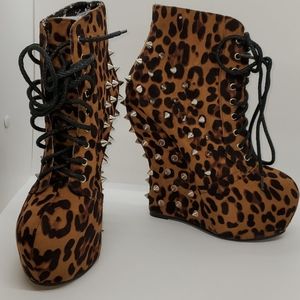 Bettie Page Belldonna Leopard Spiked Ankle Boots